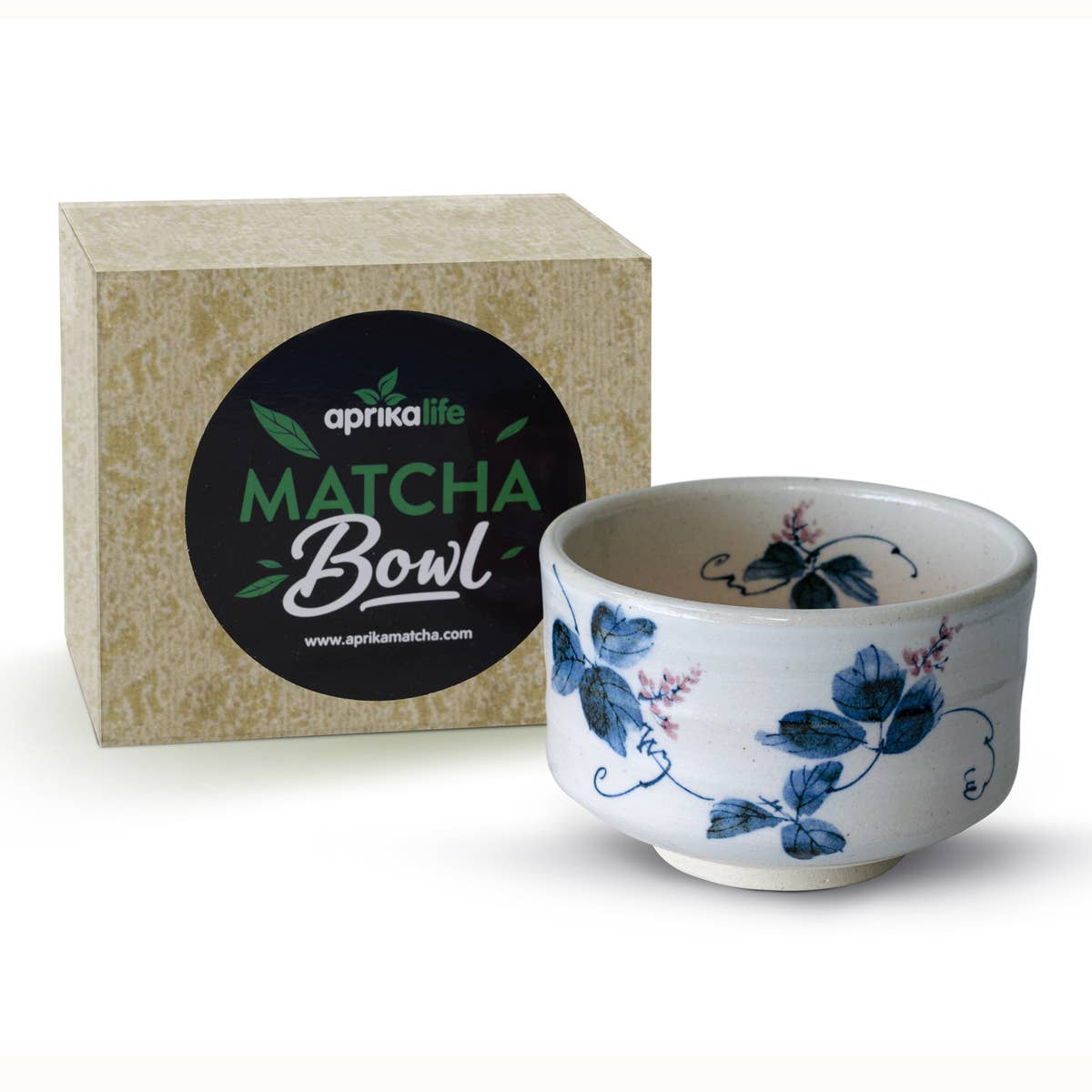 16 oz. Japanese handcrafted matcha bowl with blue flowers and gift box