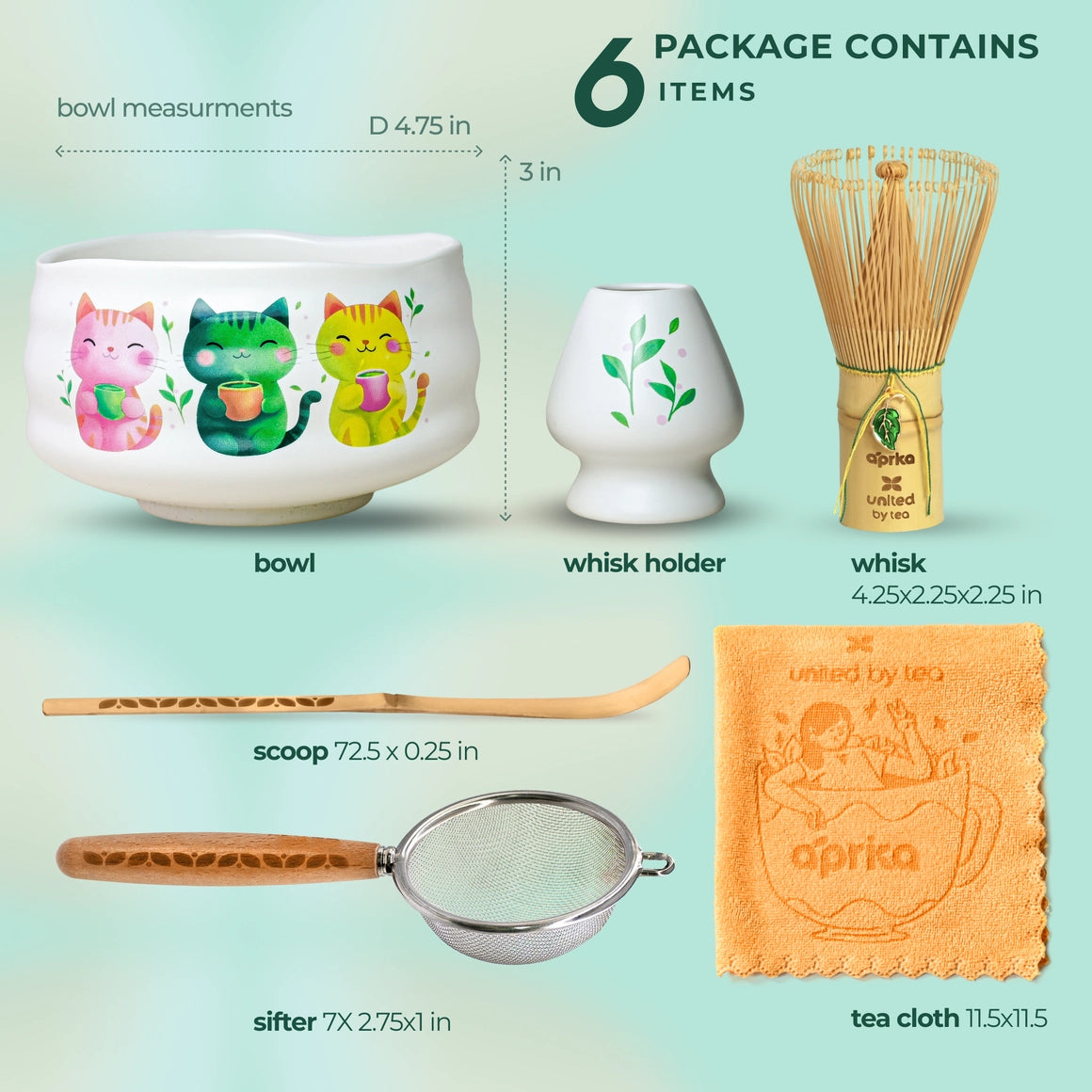 Ceremonial Matcha Starter Kit (6pcs), Gift Set - White Bowl w/3 Cats