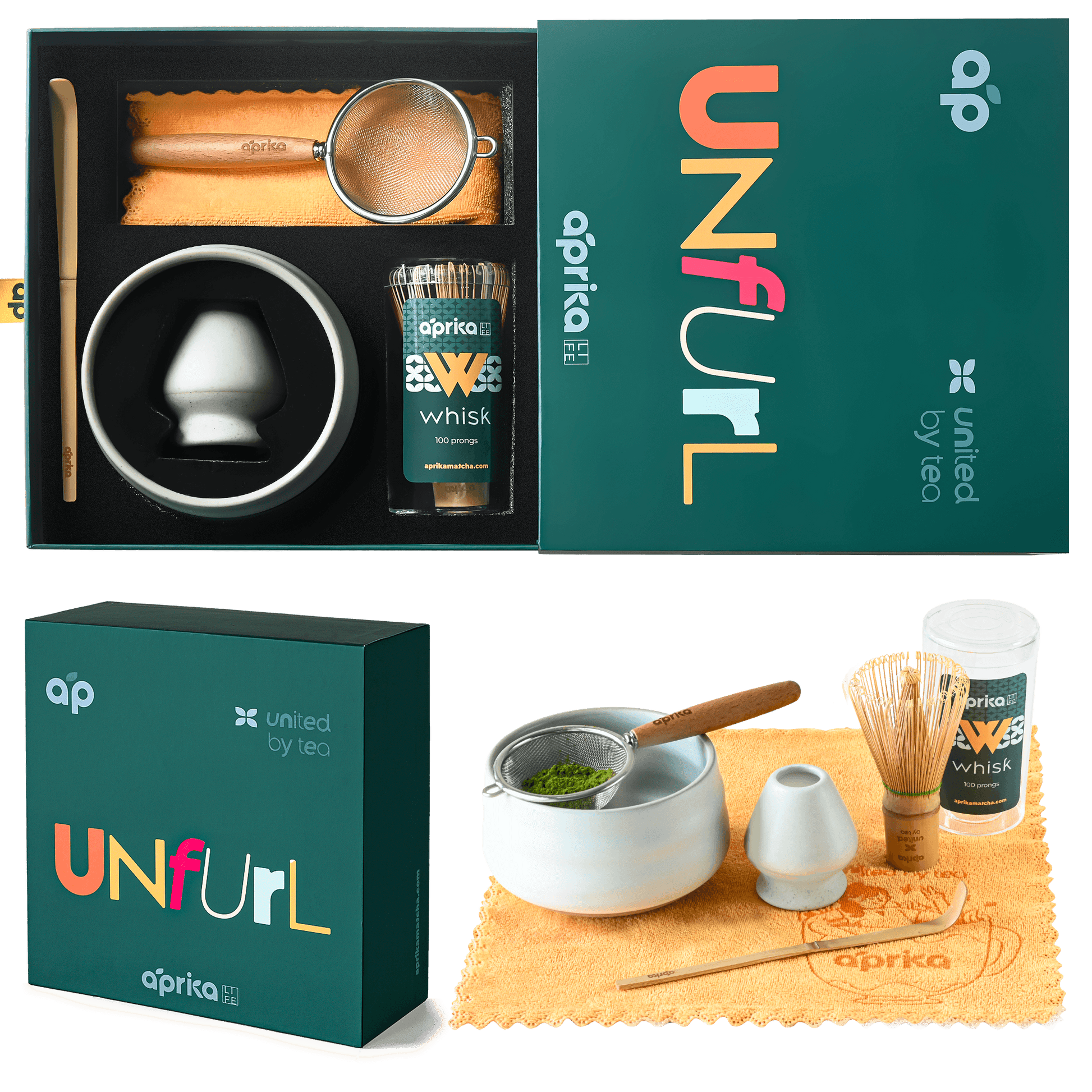 Ceremonial Matcha Starter Kit (6pcs), white  color, includes matcha bowl, strainer, whisk chasen, whisk holder,  and bamboo spoon.