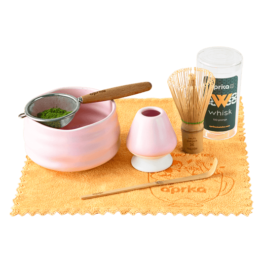 Ceremonial Matcha Starter Kit (6pcs), pink color, includes matcha bowl, strainer, whisk chasen, whisk holder,  and bamboo spoon.