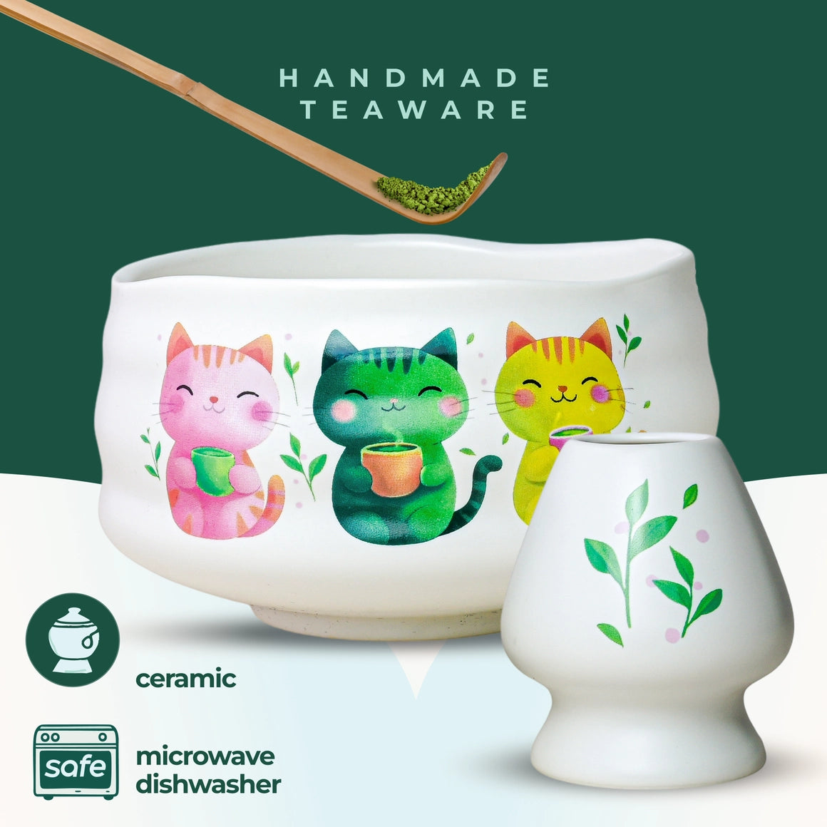 Ceremonial Matcha Starter Kit (6pcs), Gift Set - White Bowl w/3 Cats