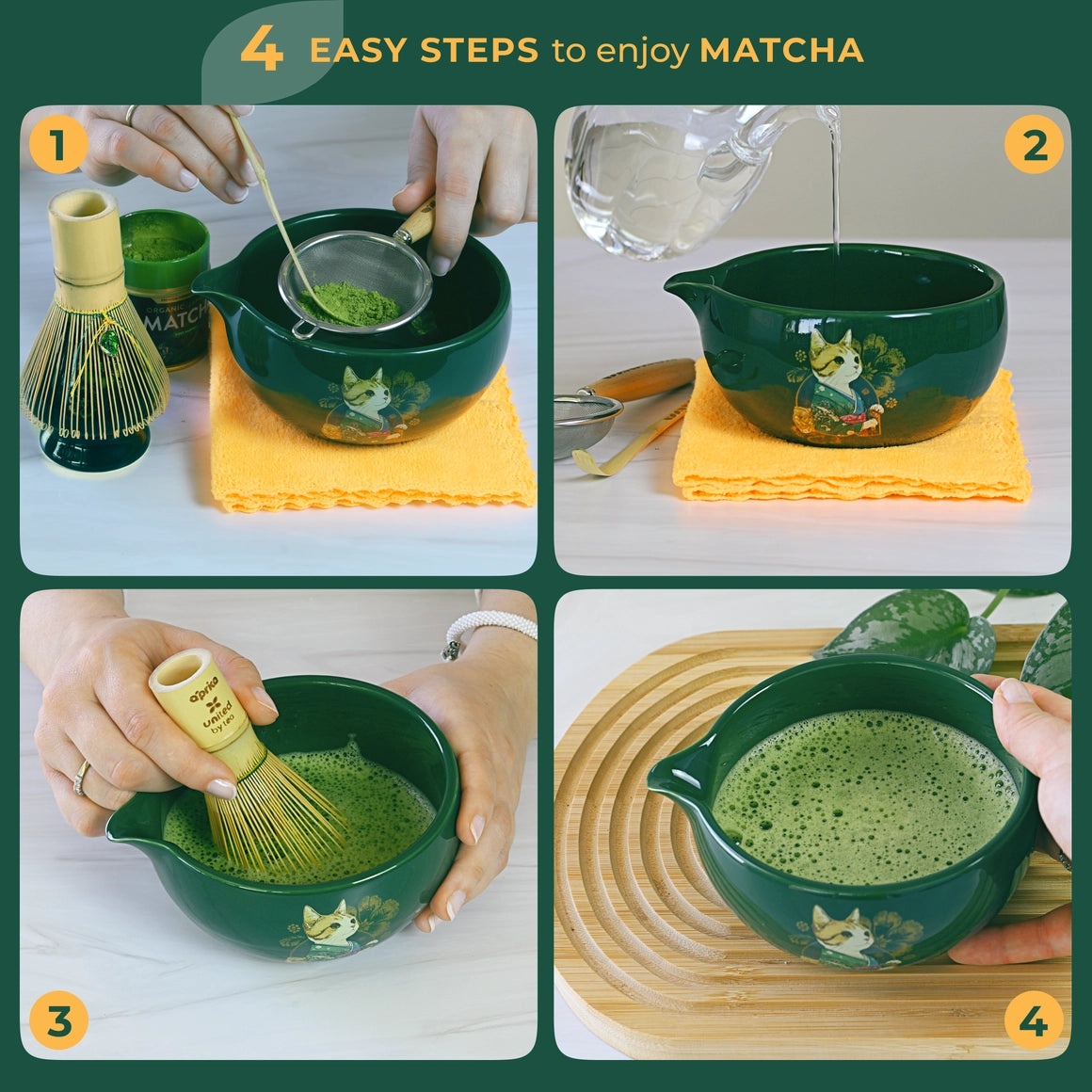 Ceremonial Matcha Starter Kit (6pcs), Gift Set - Dark Green w/Cat