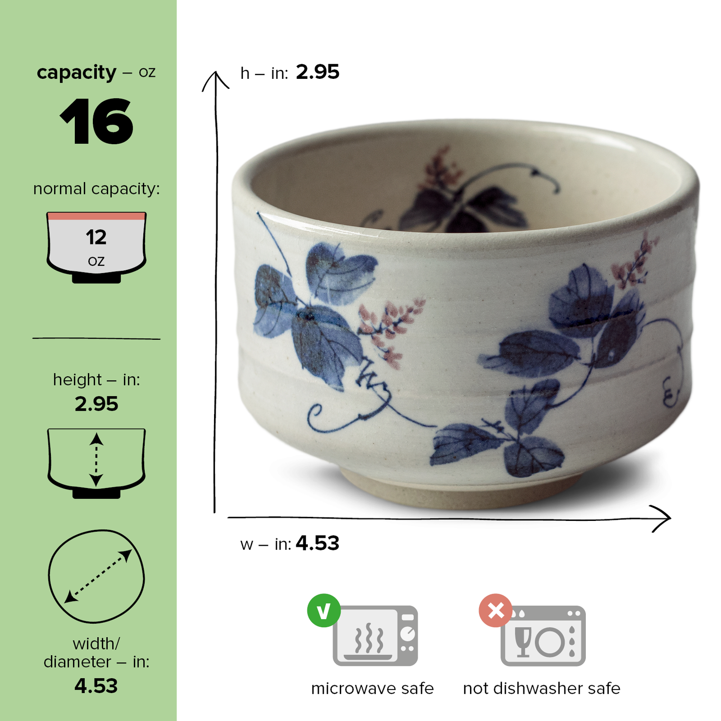 16 oz. Japanese handcrafted matcha bowl with blue flowers with details