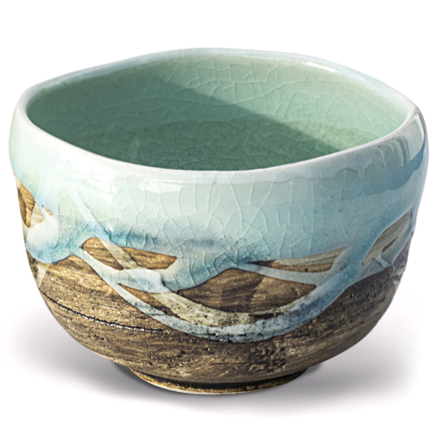 Japanese Blue & Tan Matcha Tea Bowl, Handmade