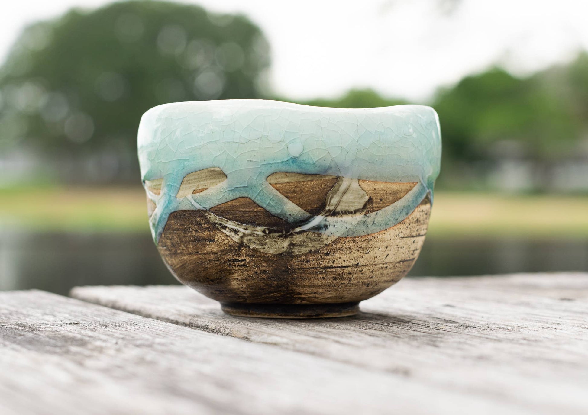 Japanese Blue & Tan Matcha Tea Bowl, Handmade