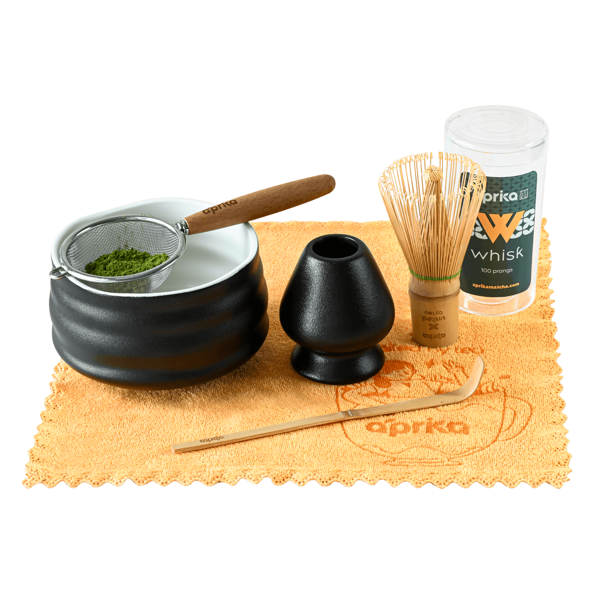 Ceremonial Matcha Starter Kit (6pcs), black color, includes matcha bowl, strainer, whisk chasen, whisk holder,  and bamboo spoon.