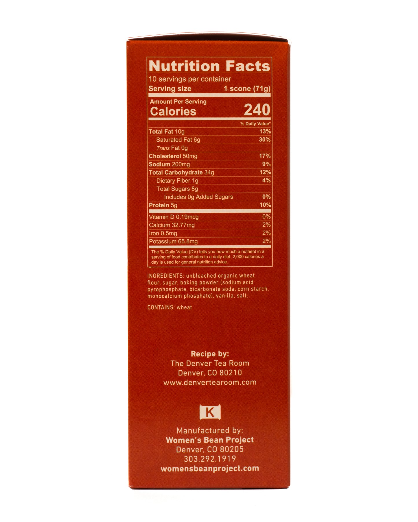 Nutrition facts label on a product packaging with white background from Women's Bean Project and Denver Tea Room