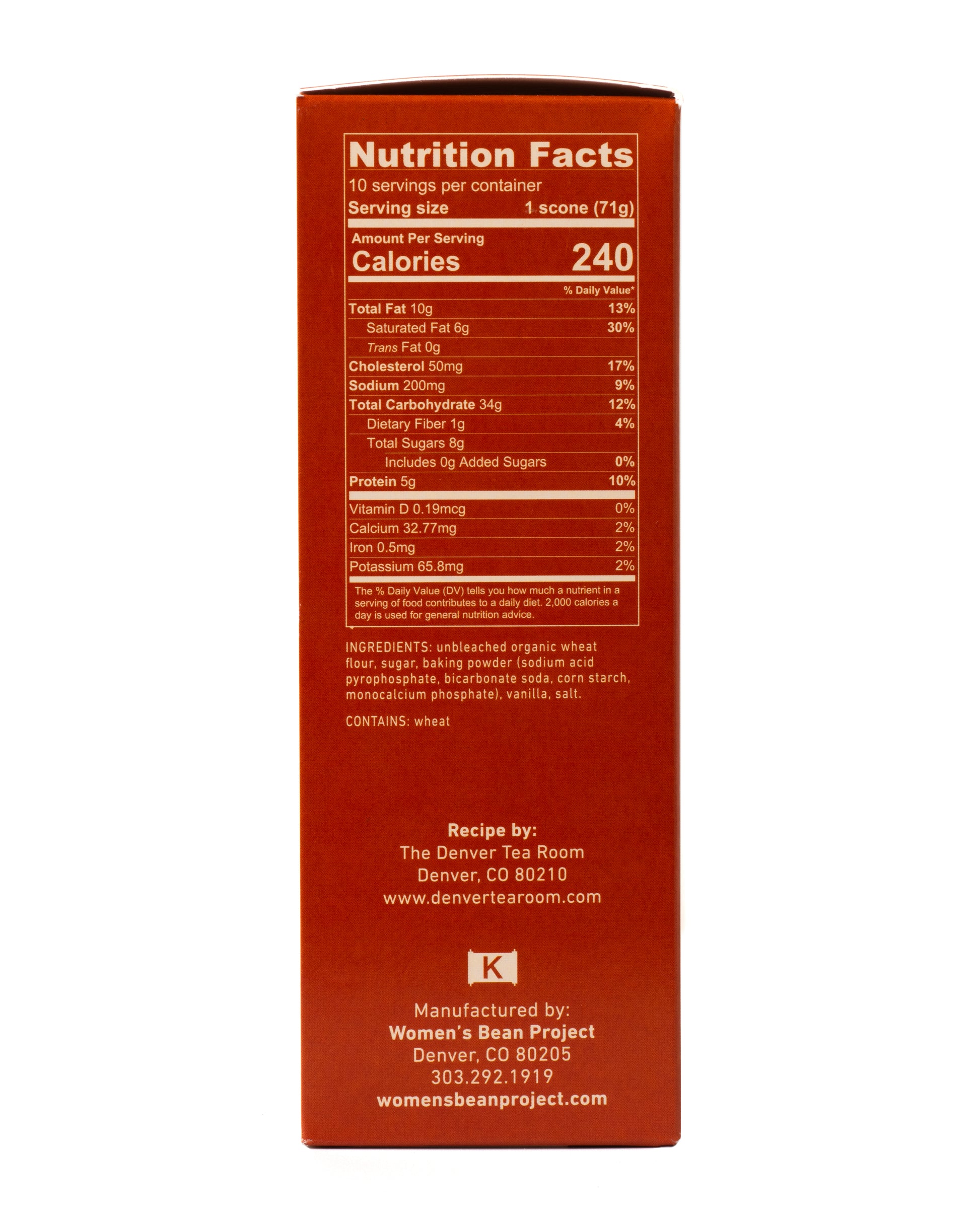 Nutrition facts label on a product packaging with white background from Women's Bean Project and Denver Tea Room