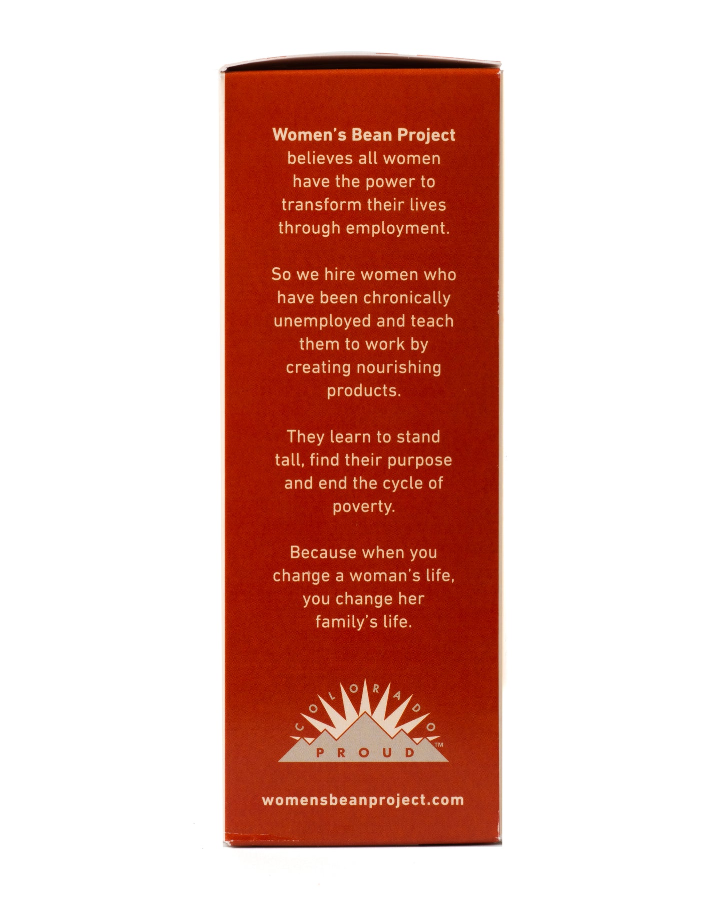 Side label on a product packaging with white background from Women's Bean Project and Denver Tea Room