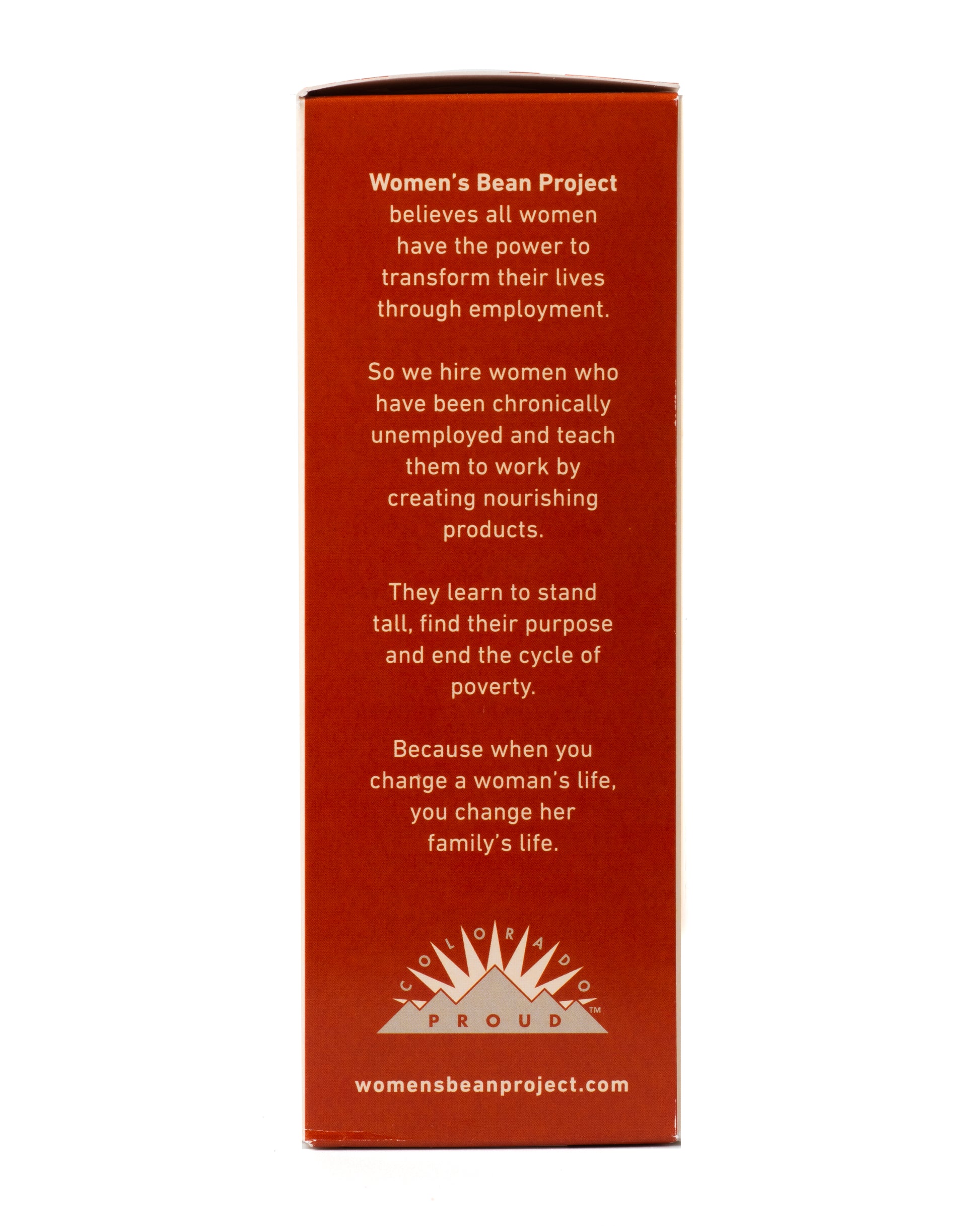 Side label on a product packaging with white background from Women's Bean Project and Denver Tea Room