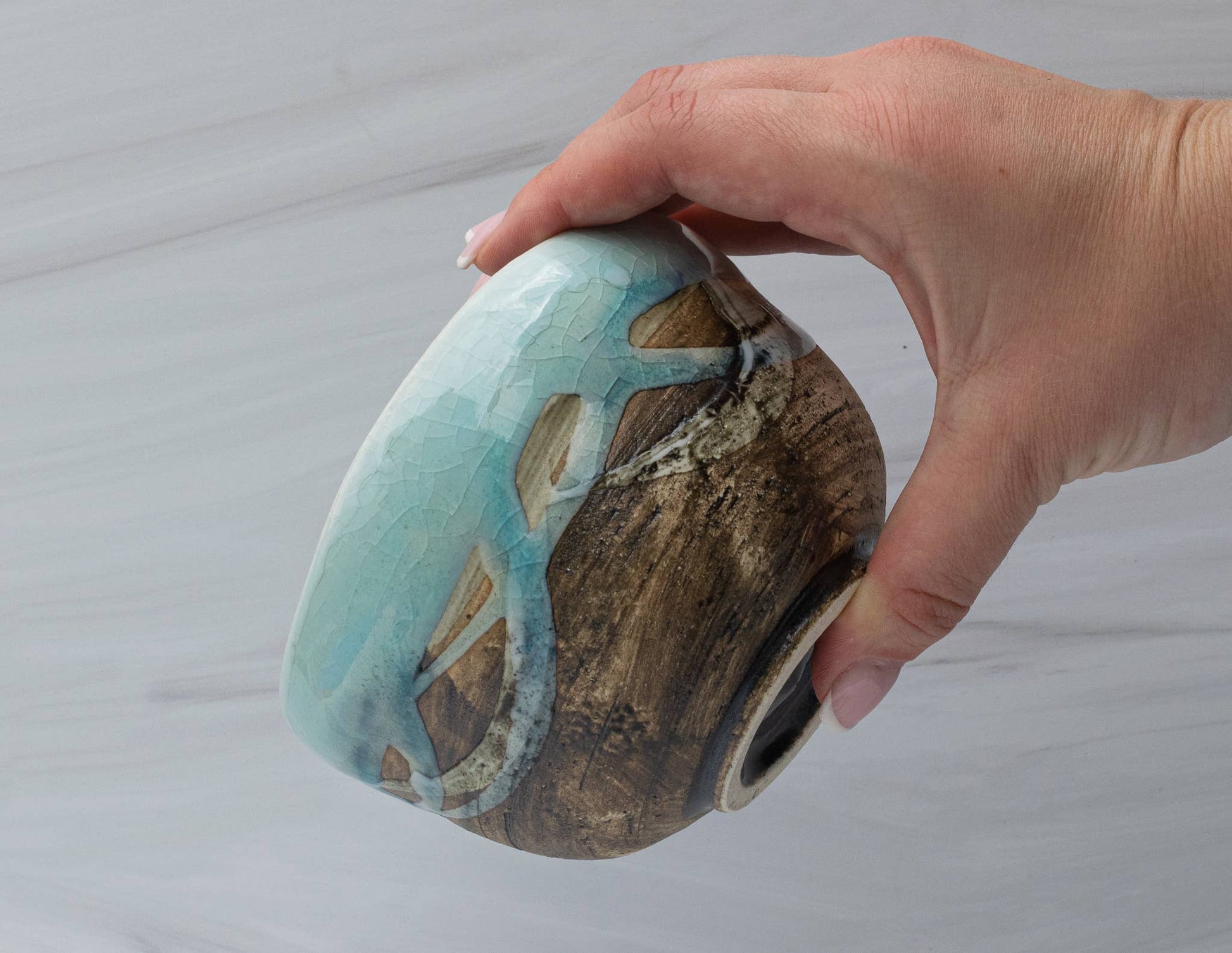 Japanese Blue & Tan Matcha Tea Bowl, Handmade