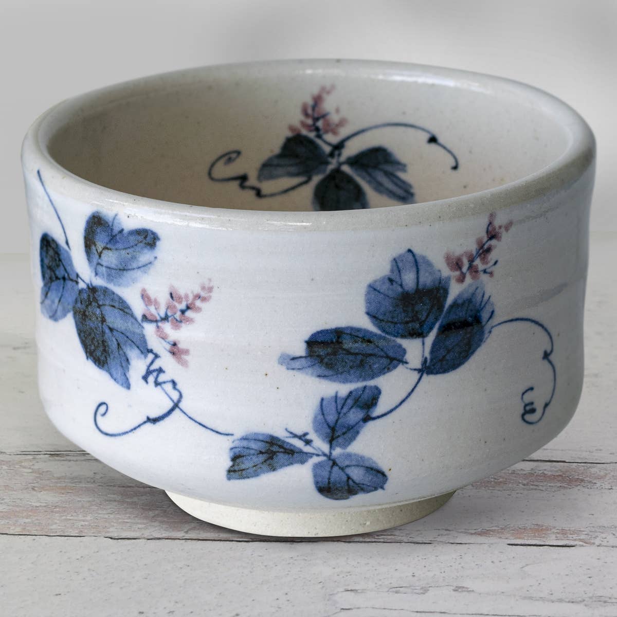 16 ounce Japanese handcrafted matcha bowl with blue flowers
