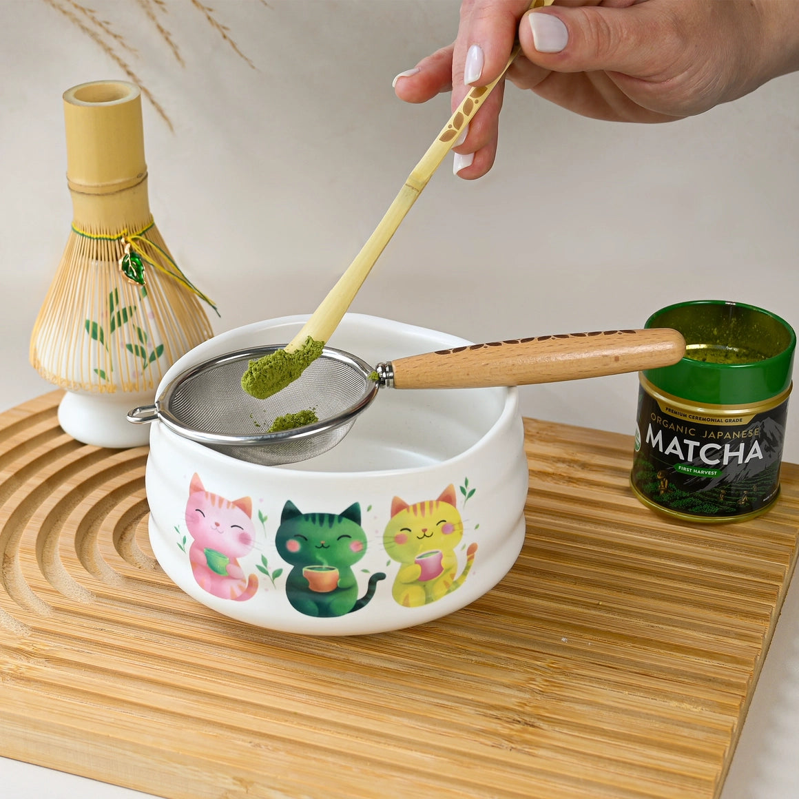 Ceremonial Matcha Starter Kit (6pcs), Gift Set - White Bowl w/3 Cats