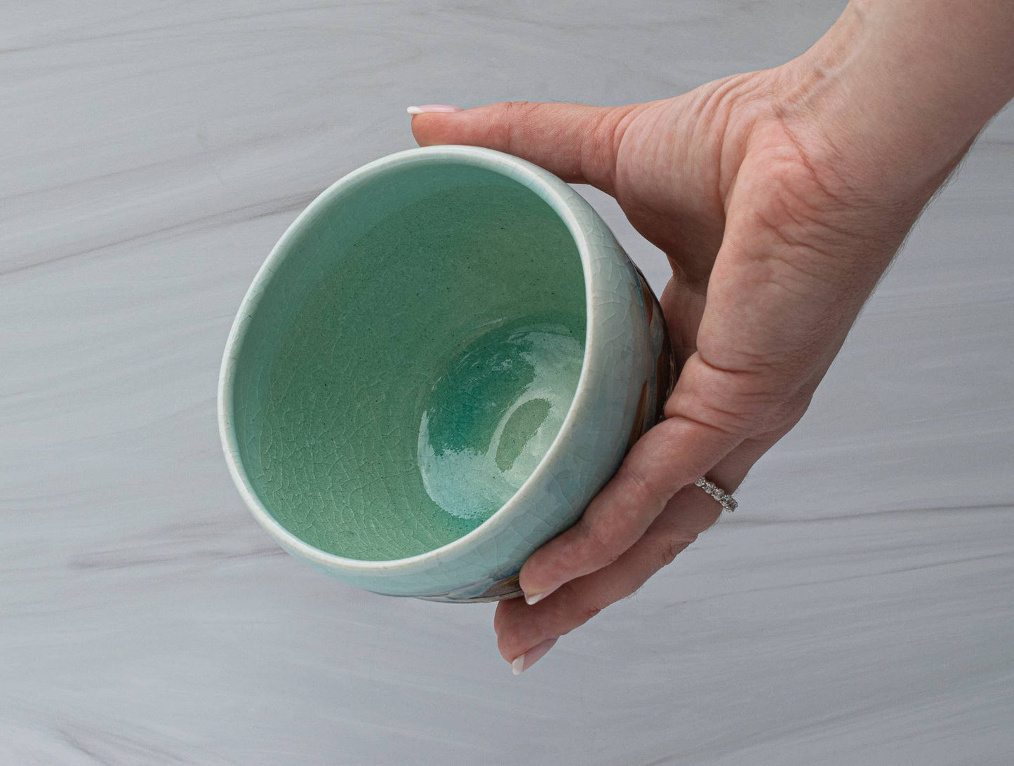 Japanese Blue & Tan Matcha Tea Bowl, Handmade - inside