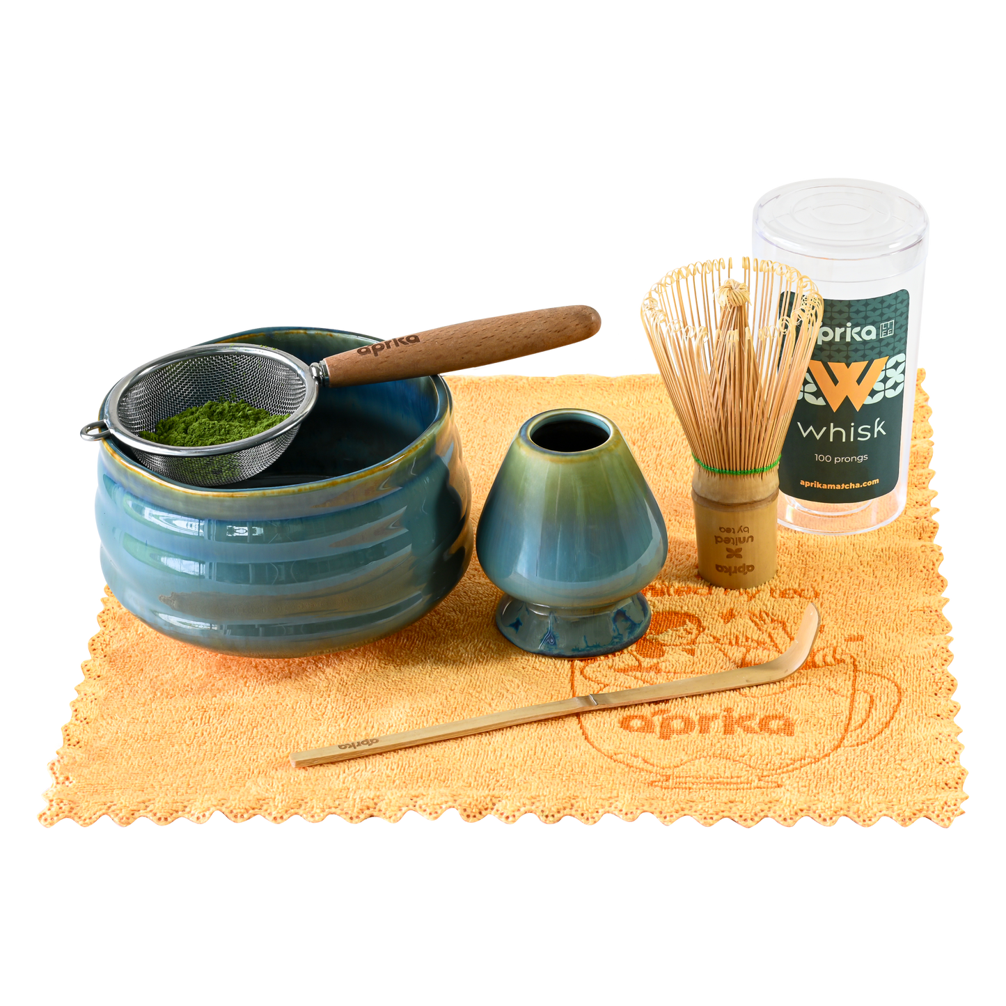 Ceremonial Matcha Starter Kit (6pcs), green blue  color, includes matcha bowl, strainer, whisk chasen, whisk holder,  and bamboo spoon.
