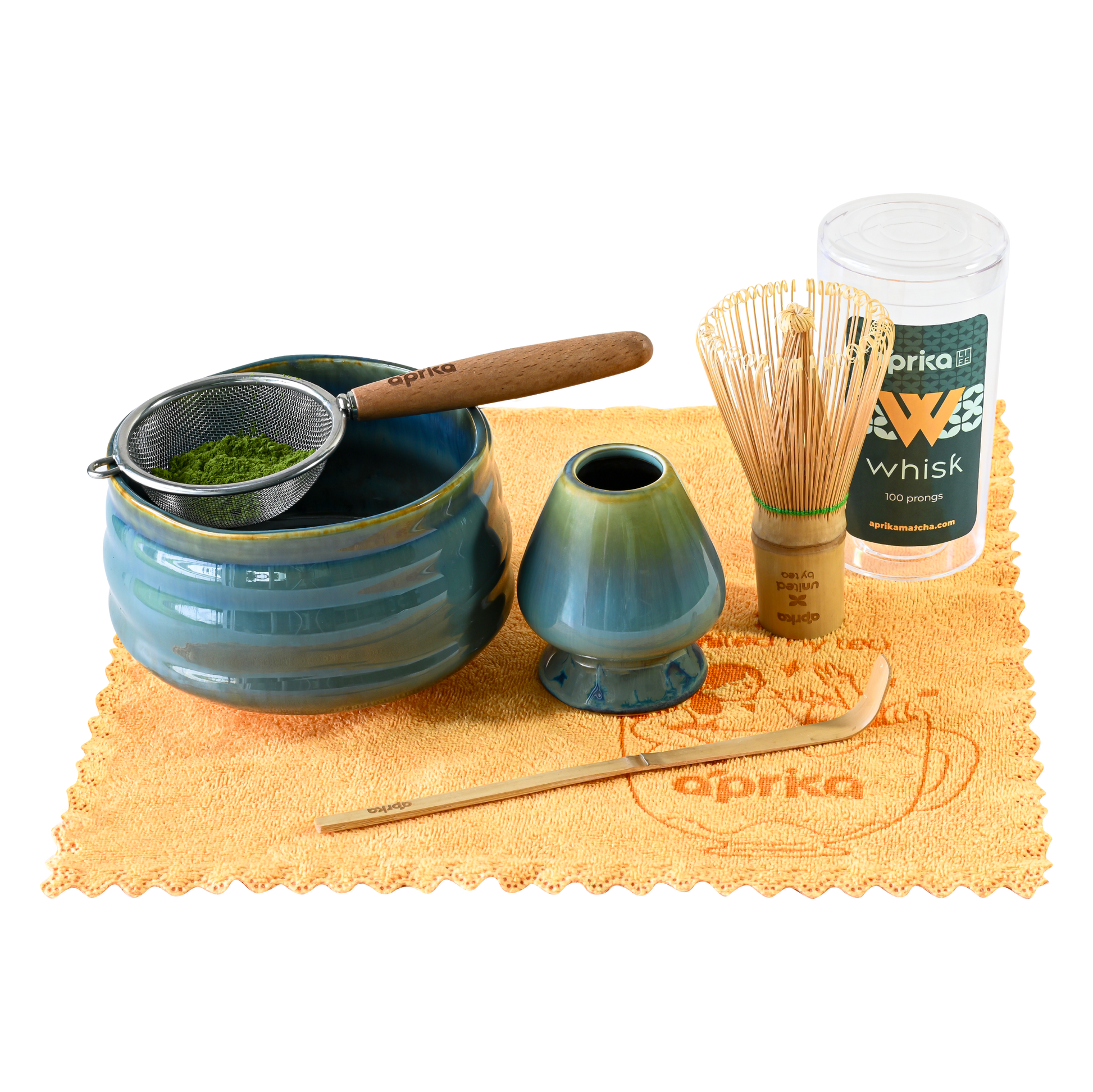 Ceremonial Matcha Starter Kit (6pcs), green blue  color, includes matcha bowl, strainer, whisk chasen, whisk holder,  and bamboo spoon.