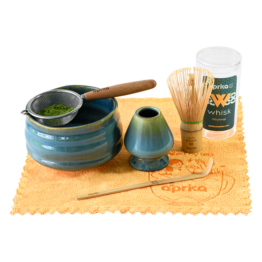 Ceremonial Matcha Starter Kit (6pcs), green blue  color, includes matcha bowl, strainer, whisk chasen, whisk holder,  and bamboo spoon.